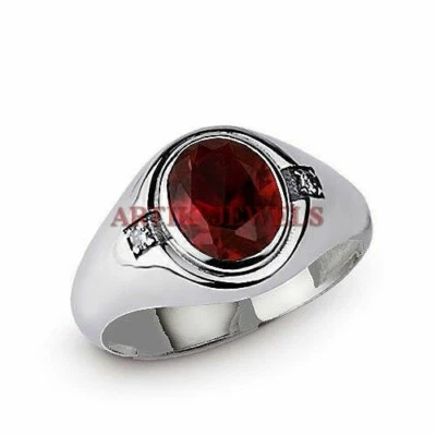 Piedras preciosas de granate natural con anillo de plata enchapado en oro blanco de 14K para hombre #2975 Foto 1 de 4