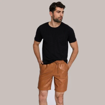 Pantalones cortos de cuero para hombre de piel de oveja marrón real de alta calidad ropa deportiva pantalones cortos Foto 1 de 4
