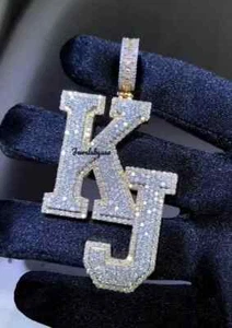 Men's Custom “KJ” Initial word Pendant tester pass Real Moissanite 925 Silver - Picture 1 of 3