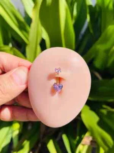 14k Solid Gold Belly Button Navel Ring Heart Shape Pink Sapphire Piercing Jewely - Picture 1 of 3