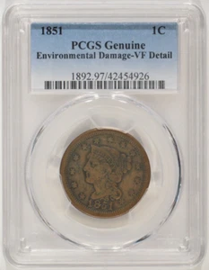 1851 Large Cent 1c PCGS Genuine VF Details Environmental Damage 42454926 - Picture 1 of 4