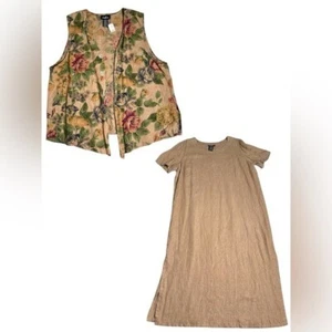 Vintage 90s Positive Attitude Linen 2-Piece Set | Floral Vest & Maxi Dress Sz 3X - Picture 1 of 10
