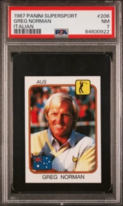 Tarjeta de novato Greg Norman 1987 Panini Supersport Reino Unido #206 RC PSA 7 casi nueva Pop2 Golf Salón de la fama - Imagen 1 de 2