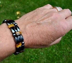 Magnetic Hematite Therapy Bracelet Anklet Tigers Eye 3 Row Mens Womens - Picture 1 of 4