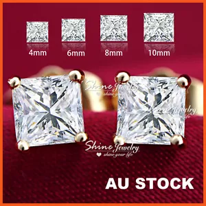 24K YELLOW GOLD GF LAB DIAMOND MENS LADY KIDS CRYSTAL SQUARE STUD EARRINGS GIFT - Picture 1 of 5