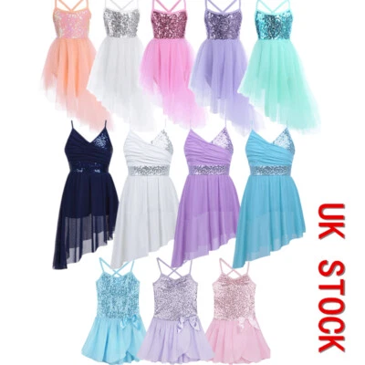 UK Girls Lyrical Ballet Tutus Camisole Asymmetric Hem Sequined Dress Dancewear - Image 1 of 4