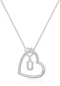 'Love U' Pendant, Sterling Silver (S925) Necklace w/ CZ - Heart with "U" Initial - Picture 1 of 4