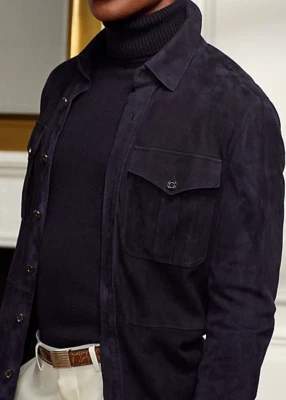Brand New Men's Navy Blue Suede Shirt Real Soft Lambskin Suede Casual Overshirt - Image 1 of 4