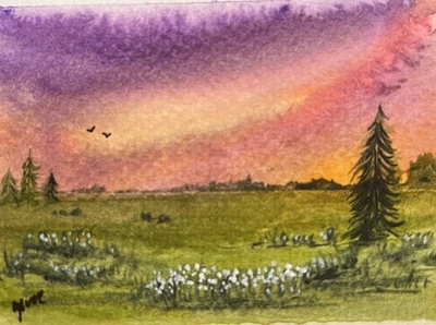 Aceo Landscape Sunset Watercolor Painting  - Image 1 of 2