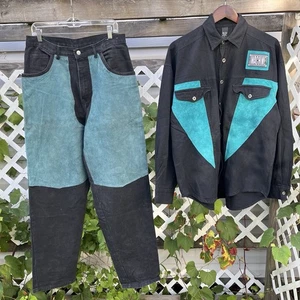 Vintage 90s MACHINE Color Block Suede 2PC Jeans Shirt Cross Colours Hip Hop 2Pac - Picture 1 of 6
