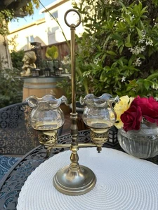 Princess House Brass Double Armed Hurricaine Glass Candle Holder Heritage Vtg - Picture 1 of 19