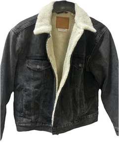 Levi’s Premium Sherpa Trucker Jacket Black Denim Lined Men’s L Waterless Fleece - Picture 1 of 9