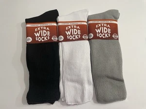 New 3 Pair Extra Wide Crew Socks Up To 6E Width Black White Gray - Picture 1 of 3