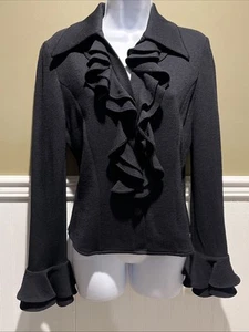 Vtg St John Black Santana Knit, Ruffled Front & Sleeve Cuff Jacket Size 2 EUC - Picture 1 of 8