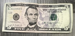 $5 Dollar Bill, Trinary, Fancy Serial Number Note ML 01114010 I Series 2013 - Picture 1 of 5