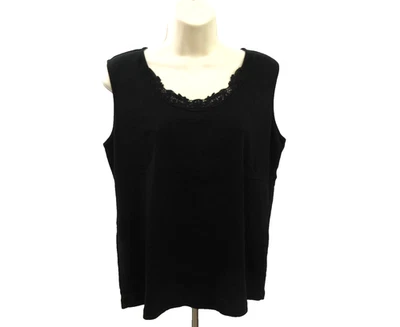 Kate Hill Womens Tank Top Size Large Black Embroidered Lace Neckline 100% Cotton - Image 1 of 4