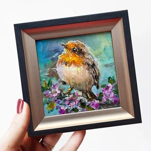 Robin Bird Original oil artwork small painting framed mini art 4x4in - Picture 1 of 9
