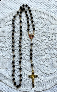 ST,BENEDICT 23" ROSARY", Black 8mm Black Beads, AWESOME CENTER & CRUCIFIX, NEW - Picture 1 of 5