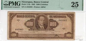 1962 Nicaragua 1000 Cordobas Pick#114a VF25 PMG Anastasio Somoza VERY SCARCE - Picture 1 of 2