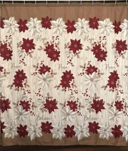 Christmas Shower Curtain Poinsettia w Christmas Wishes of Peace Joy Hope Believe - Picture 1 of 2