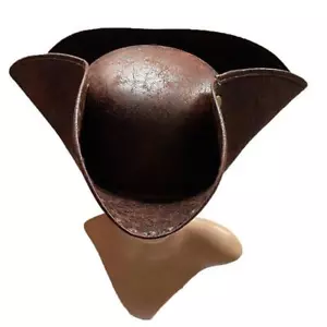 Adult Brown Pirate Tricorne Hat Tri-Corner Faux Leather Captain Cowboy Costume - Picture 1 of 13