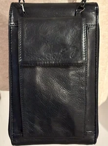 Black SCULLY Leather Crossbody Phone/Organizer/Wallet TRAVEL MESSENGER BAG Purse - Picture 1 of 9