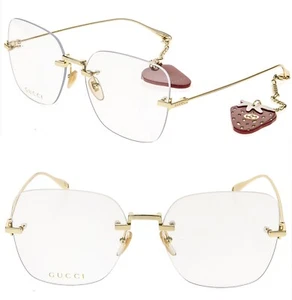 GUCCI GG1150O 1150 Gold Chain Strawberry Crystal Pendant Charm Eyeglass 59m 003 - Picture 1 of 12