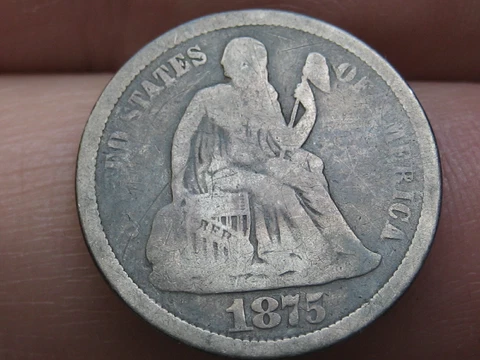 1875 S Seated Liberty Silver Dime- Mintmark Above Bow, VG Details Cover