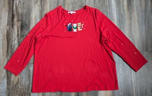 Catlady Mercer Street Studio 2X Top Cat Christmas Red Long Sleeve Shirt Blouse - Picture 1 of 6