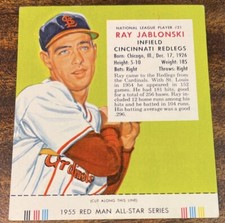 1953 RED MAN BASEBALL CARD #21 RAY JABLONSKI WITH TAB ST LOUIS CARDINALS REDS
