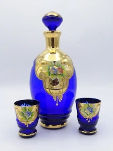 Vintage Italian Murano Cobalt Blue Gold Gilded Handpainted Decanter Two Glasses - Picture 1 of 3
