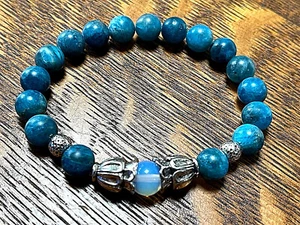Bracciale fatto a mano apatite blu, pietra di luna blu gemma e perle argento 10 mm umore - Foto 1 di 4