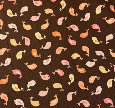 Bird Fabric By Timeless Treasures Orange Yellow Pink Birdies On Dark Brown 2 Yds - Image 1 of 4