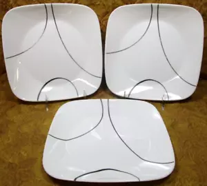 3 Corelle by Corning USA - Simple Lines 9" square luncheon plates -white w/black - Picture 1 of 3