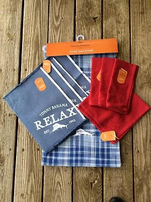 Tommy Bahama 70" CASUAL PLAID Table Runner/4 RELAX Placemats/4 RED Logo Napkins - Image 1 of 4