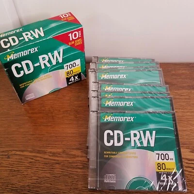 Memorex CD RW 700MB 80 分钟 4X 多速开封装 9 共带超薄保护壳 全新 — 第 1/4 张图片