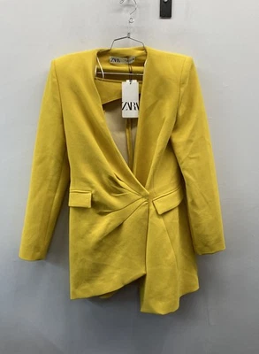 Jaqueta Blazer Zara Feminina Amarela Nova Com Etiqueta Cropped Aberta Frontal Plissada Tamanho G - Imagem 1 de 4