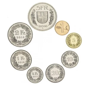 Suiza Juego de 8 monedas 1975-2017 UNC 1, 5, 10, 20, 50 rappen, 1, 2, 5 francos - Imagen 1 de 2