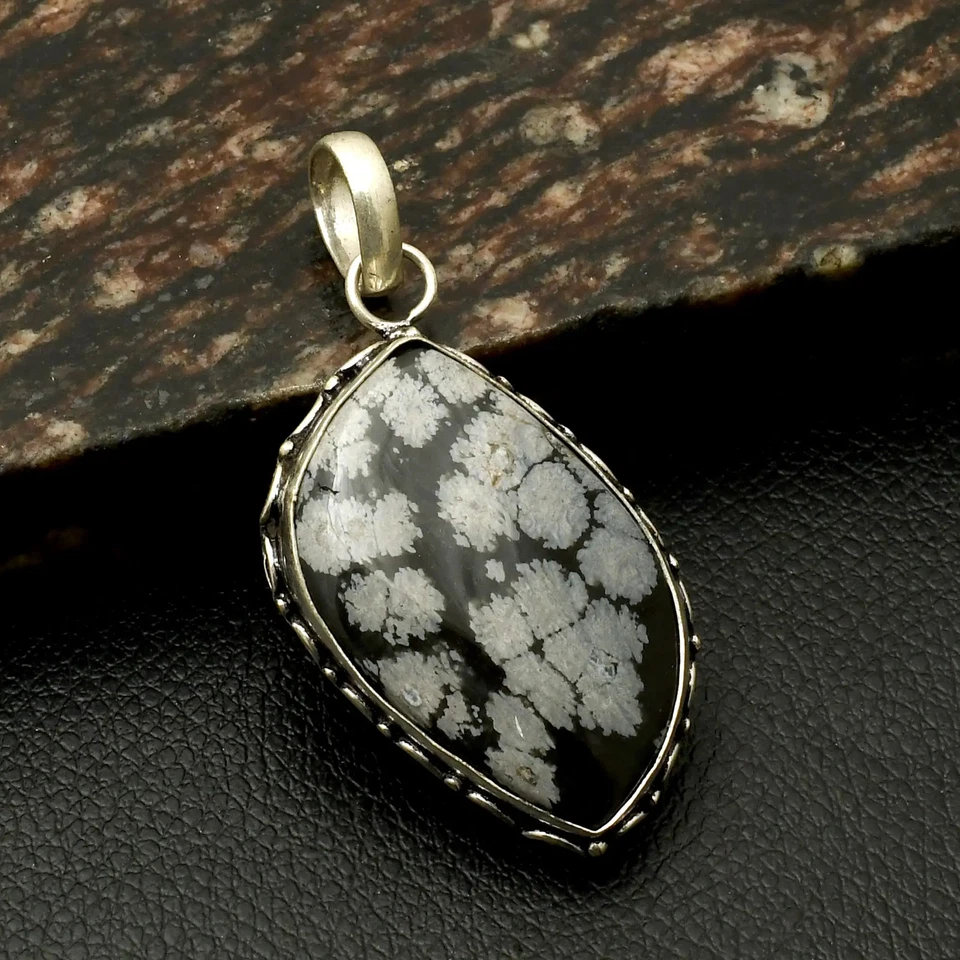 Copo de Nieve Obsidiana Piedras Preciosas Hecho a Mano Colgante Joyería Para Año Nuevo 2.4" AP-40748 Foto 1 de 1