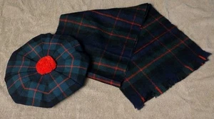 VTG Lochcarron 100% Wool Hat & Scarf Scotland Green Red Plaid Tartan - Picture 1 of 7
