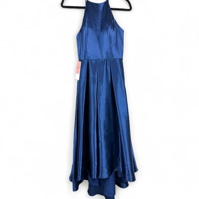 JJ’s House A-line high neck Asymmetrical Satin Navy Blue l Dress Size 10 NWT - Image 1 of 4