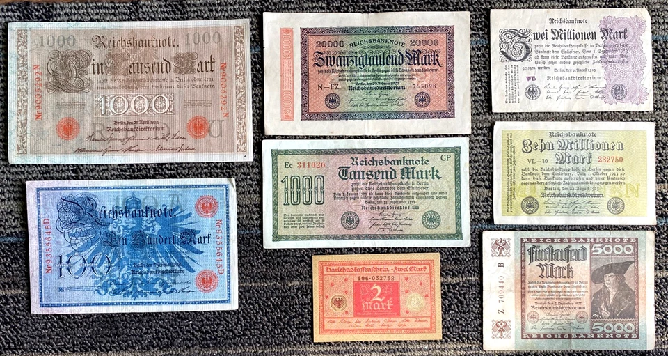 RARE German Banknote Set WWI & Hyperinflation 1908–1923 (8 Notes) - 100+ Yrs Old - Image 1 of 2