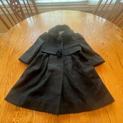 Casaco social Rothschild cinza escuro mistura de lã plissado meninas 3T colarinho de pele sintética - Imagem 1 de 4