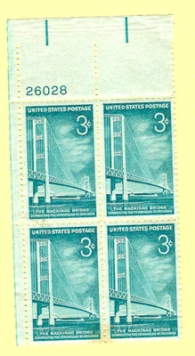 US SCOTT  #1109  MACKINAC STRAITS BRIDGE MICHIGAN 3¢ PLATE BLOCK 1958  26028 UL - Image 1 of 2