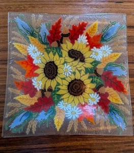 Plato cuadrado Peggy Karr vidrio artístico fundido girasol hojas de otoño bellota 12,25" - Imagen 1 de 9