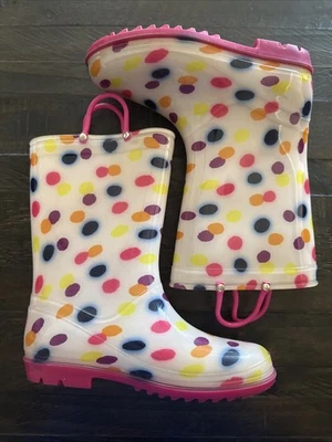Girls Rain Boots Pull On Girls Polka Dot Size 4 Fall Winter Outdoor Cold Weather - Image 1 of 4