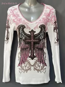 New VOCAL Womens CRYSTAL WHITE CROSS ANGEL WINGS WHIPSTITCH SHIRT USA S M L XL - Picture 1 of 5