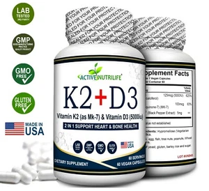 Vitamin K2 + VIT D3 5000 IU with BioPerine for Maximum Absorption (60 Capsules) - Picture 1 of 3