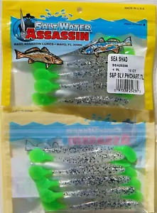 20 SALZWASSERBASS ASSASSASSIN 4" SALZ & PFEFFER PHANTOM CHARTREUSE TAIL MEERSCHATTEN - Bild 1 von 1