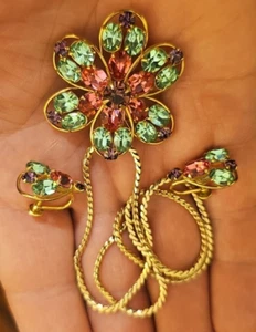 VTG Antoinette 12k.Gold Filled Pensée Flower Rhinestone Necklace & Earrings - Picture 1 of 11
